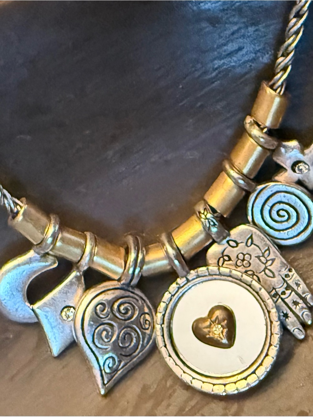Liz Claiborne Silver-Tone Charm Necklace with Heart and Spiral Accents